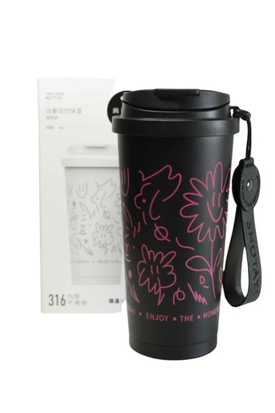 Shotay ST-8913 Çift Kullanım Pipetli/Rahat İçim Siyah 500ml Çelik Termos