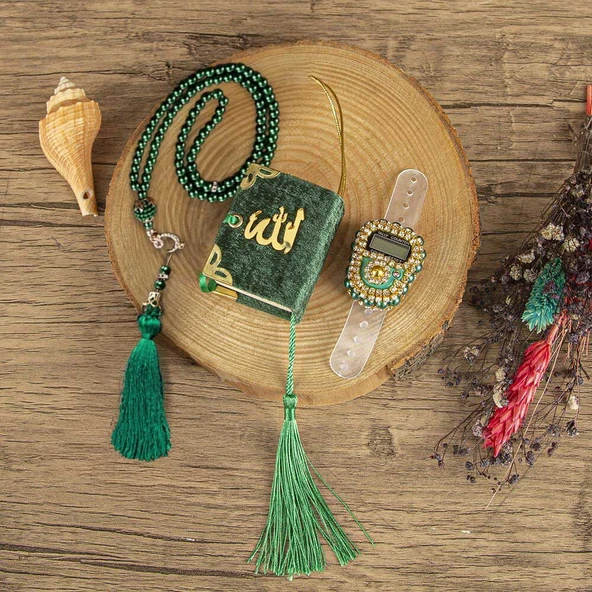 Hediyelik Mini Kur'an-ı Kerim & Lüks Taşlı Zikirmatik & İnci Tesbih Hediye Seti (2,5 * 4,5 * 5,5 cm 125 gr ) - Yeşil - 3