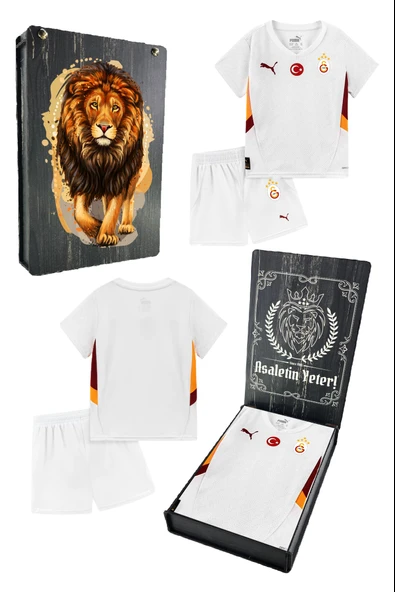 Galatasaray Orijinal Lisanslı 24-25 Beyaz 5 Yıldızlı UV Aslan Baskılı Çocuk Forma Set Hediyelik Ahşap Kutu - 1