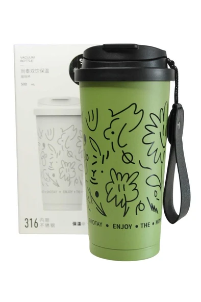 Shotay ST-8913 Çift Kullanım Pipetli/Rahat İçim Yeşil 500ml Çelik Termos ürün görseli