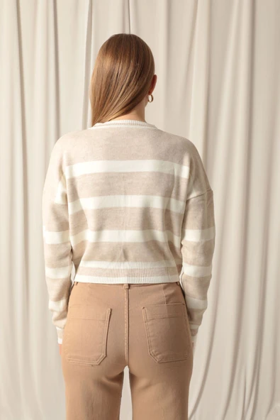 Triko Kumaş Çizgili Kadın Taş Kazak - Resim 2