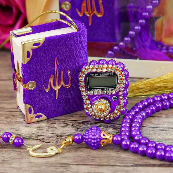 Hediyelik Mini Kur'an-ı Kerim & Lüks Taşlı Zikirmatik & İnci Tesbih Hediye Seti (2,5 * 4,5 * 5,5 cm  125 gr ) - Mor - 2