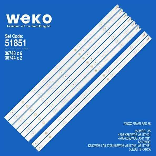 WKSET-6851 K55WDE1 A5 A5117N31 3V 54 Cm 5 Ledli (6+2) 8 Adet Tv Led Bar ürün görseli 1