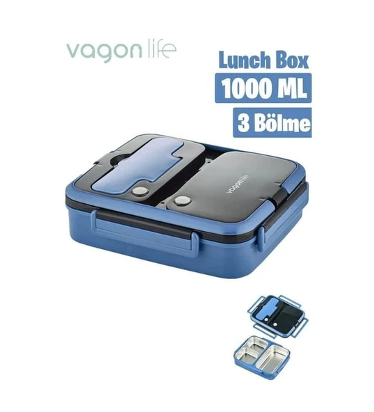 Vagonlife BL10164 1000ml Mavi 3 Bölmeli Çelik Saklama Kabı ürün görseli
