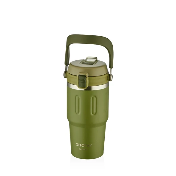 Shotay ST-8166 Çift Kullanım Pipetli/Rahat İçim Yeşil 650ml Çelik Termos - 1