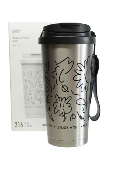 Shotay ST-8913 Çift Kullanım Pipetli/Rahat İçim Gri 500ml Çelik Termos - 1