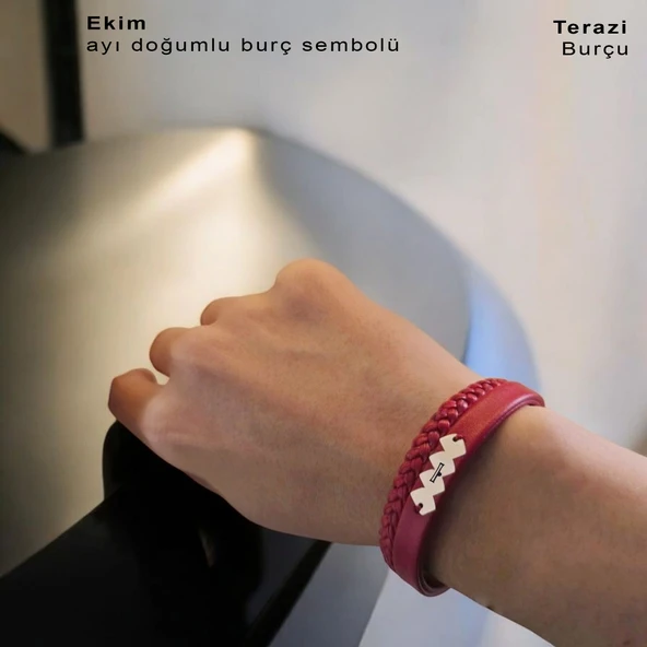 Doğum Ayına Özel 14 Ayar Altın Plakalı Hayat Döngüsü Figürlü Koyu Kırmızı Derili Hediye Bileklik-373 - Resim 3