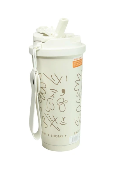Shotay ST-8913 Çift Kullanım Pipetli/Rahat İçim Beyaz 500ml Çelik Termos - 4