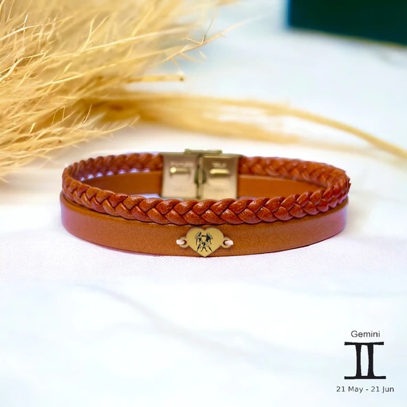 Burca Özel Kalp Motifli Doğal Kahverengi Derili 14 Ayar Altın Plakalı Hediye Bileklik-374 ürün görseli