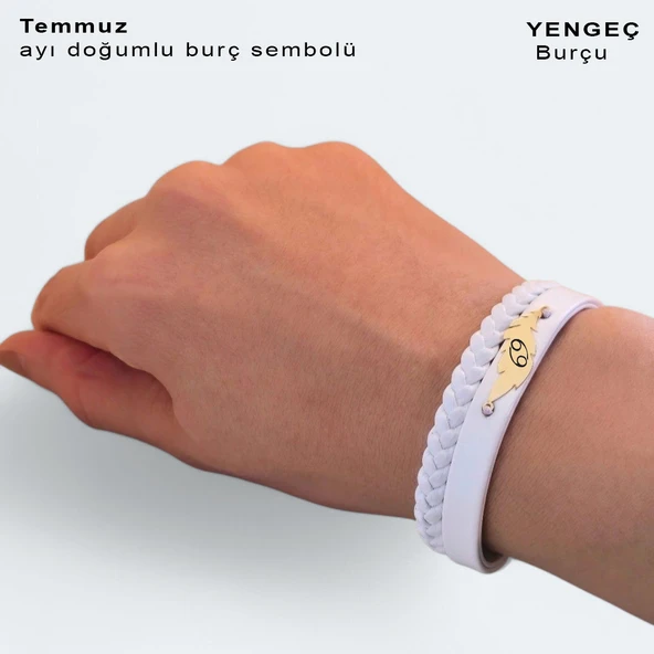 Doğum Ayına Özel 14 Ayar Altın Plakalı Yaprak Figürlü Hakiki Beyaz Derili Hediye Bileklik-376 ürün görseli