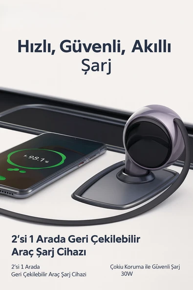 60W Tpye-C Araç Şarj Cihazı 30W USB-C Çıkışlı 30W Geri Çekilebilir Type-C Kablolu Hızlı Şarj - Resim 2