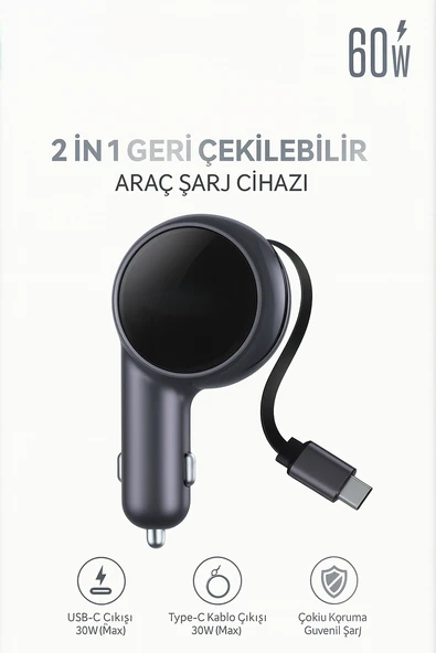 60W Tpye-C Araç Şarj Cihazı 30W USB-C Çıkışlı 30W Geri Çekilebilir Type-C Kablolu Hızlı Şarj ürün görseli 1