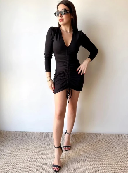 Lucky Life Kadın V Yaka önü Asansör Büzgü Detay Fırsat ürün Mini Elbise - Resim 3