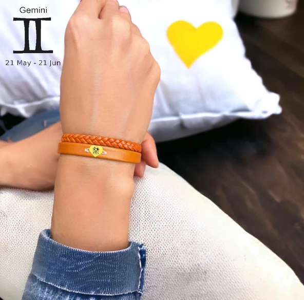 Burca Özel Kalp Motifli Doğal Kahverengi Derili 14 Ayar Altın Plakalı Hediye Bileklik-374 - Resim 2