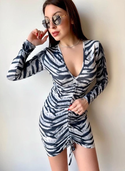 Lucky Life Kadın V Yaka önü Asansör Büzgü Detay Fırsat ürün Zebra Mini Elbise - Resim 2