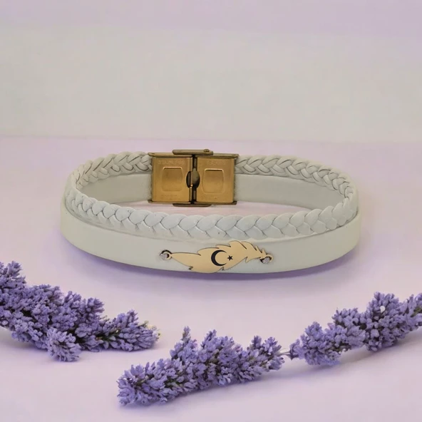 Sembole Özel Hakiki Beyaz Derili 14 Ayar Altın Plakalı Yaprak Figürlü Hediye Bileklik-376 - Resim 2