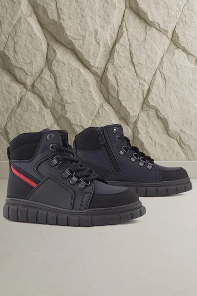 Rakerplus Hakiki Deri Siyah Kırmızı Fermuarlı Erkek Çocuk Bot ürün görseli