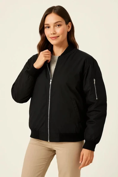 Kadın içi Astarlı Fermuarlı Bomber Mont Ceket - Siyah - 5