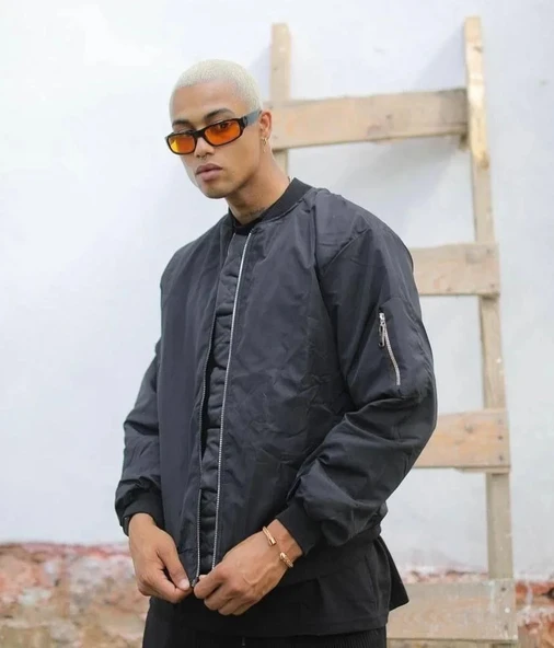 Erkek Düz Bomber Ceket - Siyah - Resim 7