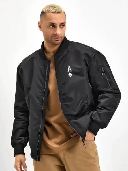 Unisex Uzun Kol Baskılı Bomber Ceket - Siyah - Resim 2