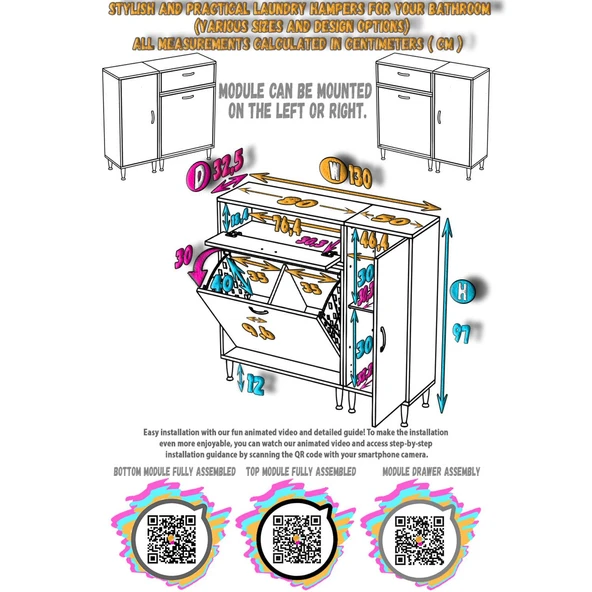 Modilayn YENİCE 130x97x32,5 cm 3 raflı ve 3 sepetli dolap ile çamaşırlarınız artık daha düzenli - 5