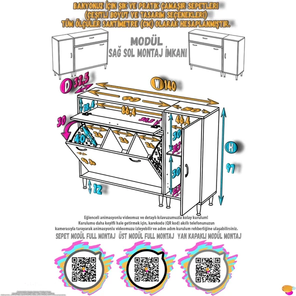 Modilayn YENİCE 140x97x32, 5 cm 3 raflı ve 3 sepetli dolap ile çamaşırlarınız artık daha düzenli. - 4