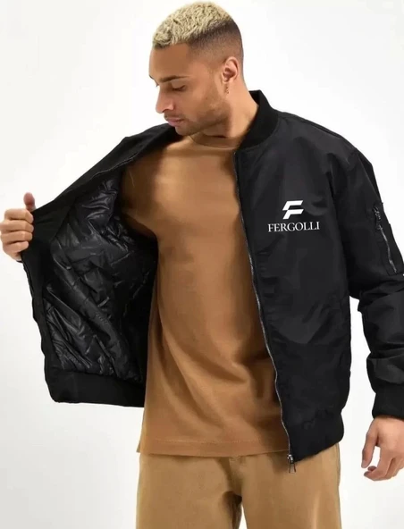 Unisex Uzun Kol Baskılı Bomber Ceket - Siyah - Resim 3