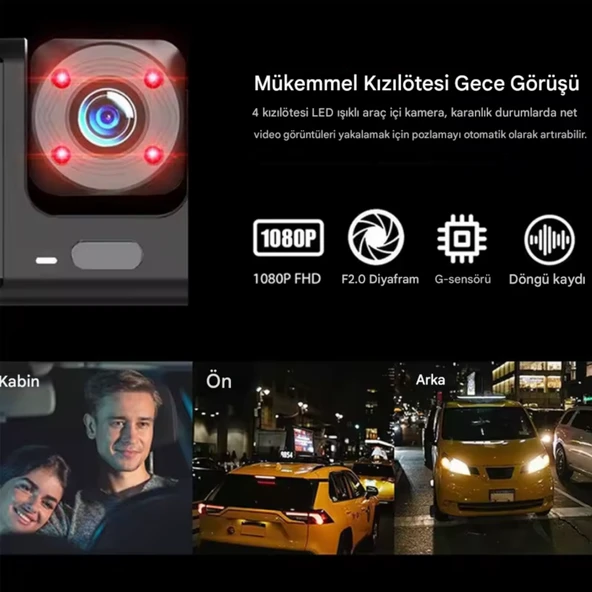 CC-33 Full HD 3 Kameralı Araç İçi Güvenlik Kamerası 128GB – IR Gece Görüşü, Ön-Arka-İç Kayıt,DashCam - 3
