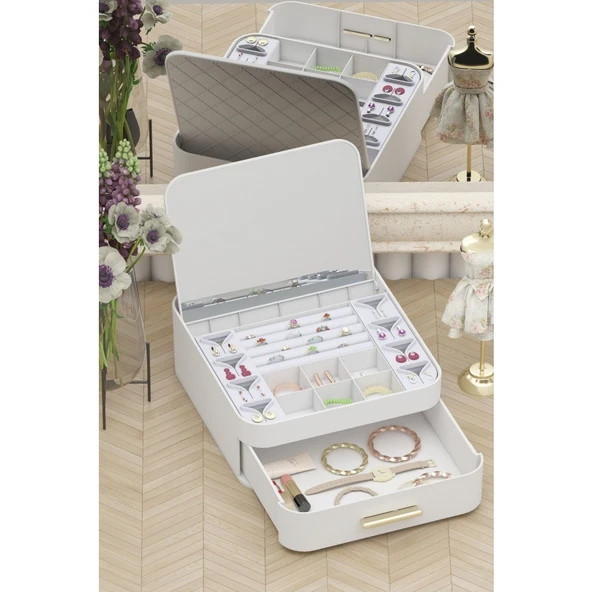 Piev House By House Çekmeceli Aynalı ve Üç Katlı Çekmeceli Takı Kozmetik Organizer İkili Set - Resim 3