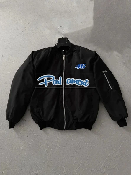 Tam Kalıp Uzun Kol Baskılı Bomber Ceket - Siyah ürün görseli 1