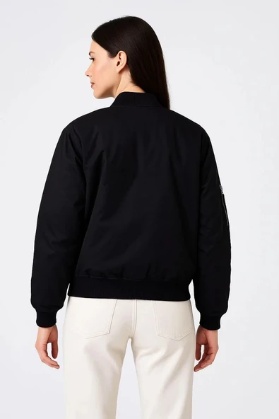 Kadın içi Astarlı Fermuarlı Bomber Mont Ceket - Siyah - 2
