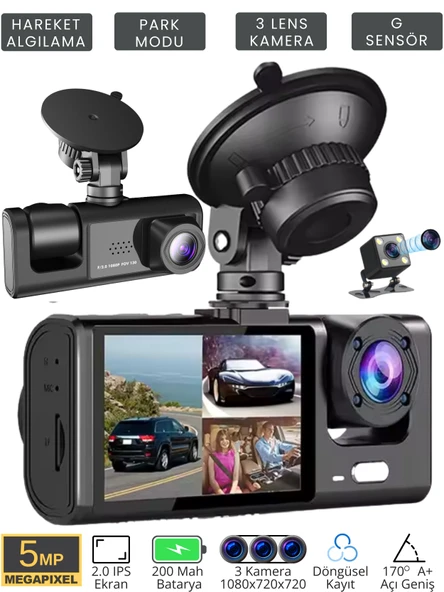 CC-33 Full HD 3 Kameralı Araç İçi Güvenlik Kamerası 64GB – IR Gece Görüşü, Ön-Arka-İç Kayıt,DashCam