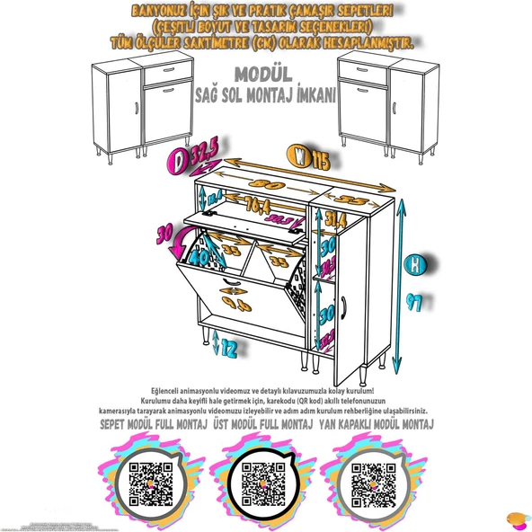 Modilayn YENİCE 115x97x32,5 cm 3 raflı ve 3 sepetli dolap ile çamaşırlarınız artık daha düzenli - 4
