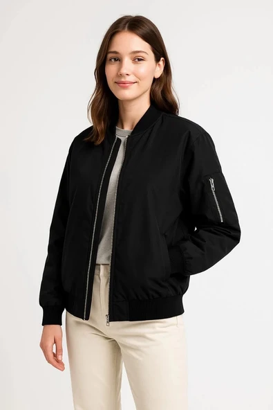 Kadın içi Astarlı Fermuarlı Bomber Mont Ceket - Siyah - 7