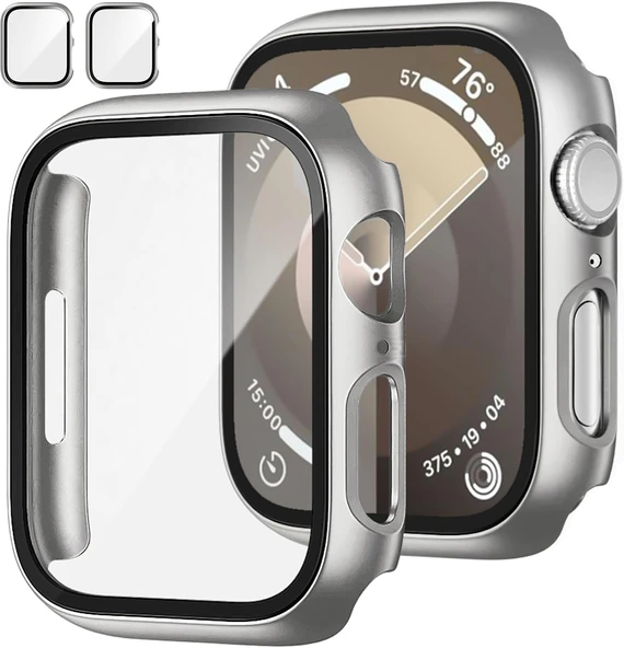 Apple Watch 41MM 7-8-9 SE Seri Uyumlu Starlight 360 Derece Koruma ve Temperli Cam Ekran Koruyucu  Gümüş - 1