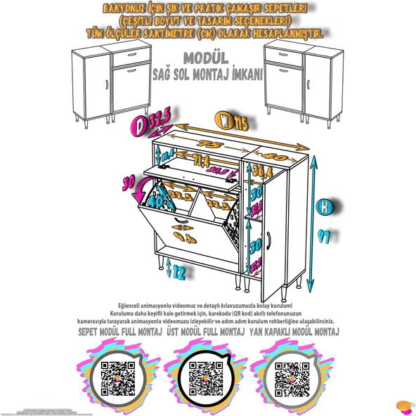 Modilayn YENİCE 115x97x32, 5 cm 3 raflı ve 3 sepetli dolap ile çamaşırlarınız artık daha düzenli - 4