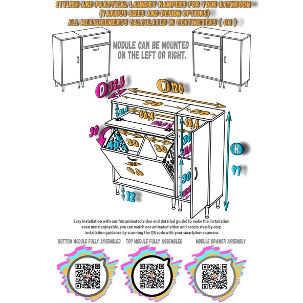 Modilayn YENİCE 120x97x32,5 cm 3 raflı ve 3 sepetli dolap ile çamaşırlarınız artık daha düzenli. - 5
