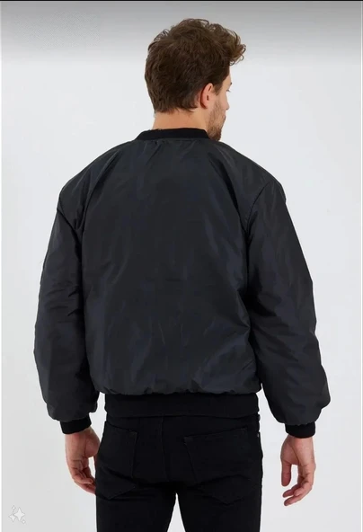 Erkek Düz Bomber Ceket - Siyah - Resim 3