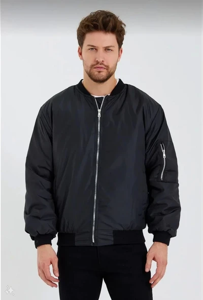 Erkek Düz Bomber Ceket - Siyah - Resim 2