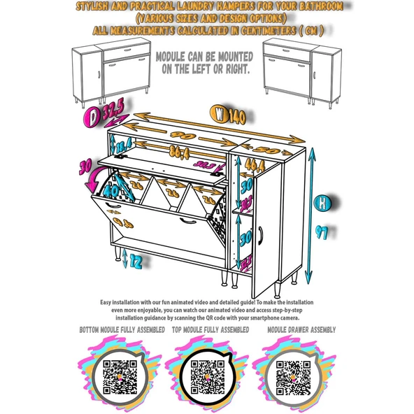 Modilayn YENİCE 140x97x32, 5 cm 3 raflı ve 3 sepetli dolap ile çamaşırlarınız artık daha düzenli. - 5