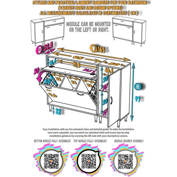 Modilayn YENİCE 145x97x32,5 cm 3 raflı ve 3 sepetli dolap ile çamaşırlarınız artık daha düzenli. - 5