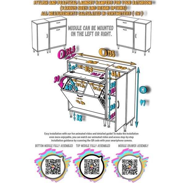 Modilayn YENİCE 125x97x32, 5 cm 3 raflı ve 3 sepetli dolap ile çamaşırlarınız artık daha düzenli. - 5