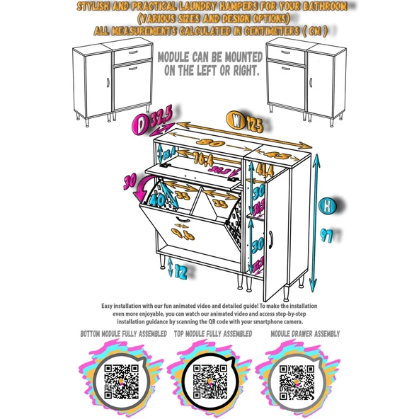 Modilayn YENİCE 130x97x32,5 cm 3 raflı ve 3 sepetli dolap ile çamaşırlarınız artık daha düzenli - 5