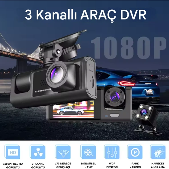 CC-33 Full HD 3 Kameralı Araç İçi Güvenlik Kamerası 128GB – IR Gece Görüşü, Ön-Arka-İç Kayıt,DashCam - 2