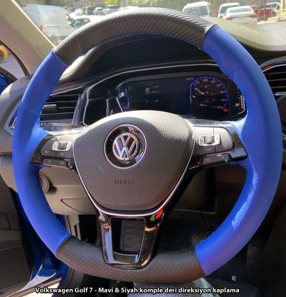 Golf 7 Jetta Passat Tiguan Polo-T-Roc F1 Dikmeli Araca Özel Direksiyon Kılıfı MAVİ DERİ KARBON ürün görseli