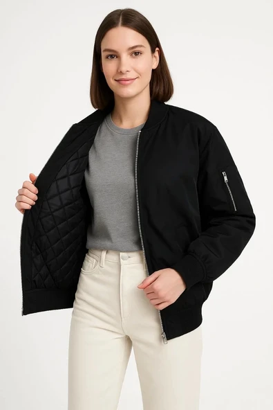 Kadın içi Astarlı Fermuarlı Bomber Mont Ceket - Siyah - 8