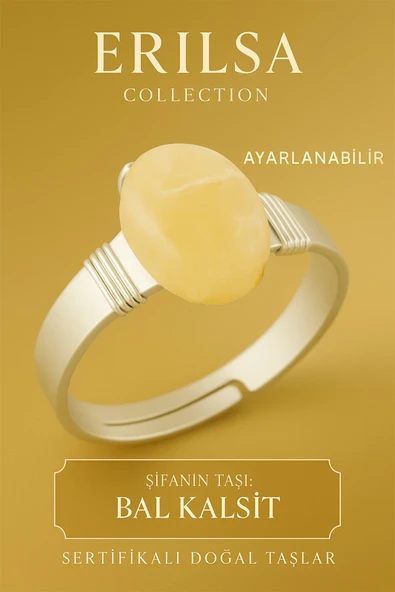 Sertifikalı Doğal Bal Kalsit Taşı Yüzük – Ayarlanabilir Kalın Tımbıl Kasa - 1