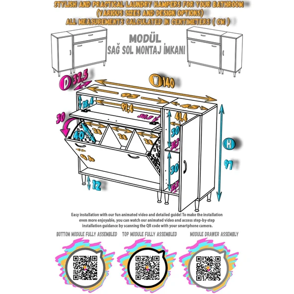 Modilayn YENİCE 140x97x32,5 cm 3 raflı ve 3 sepetli dolap ile çamaşırlarınız artık daha düzenli. - 4