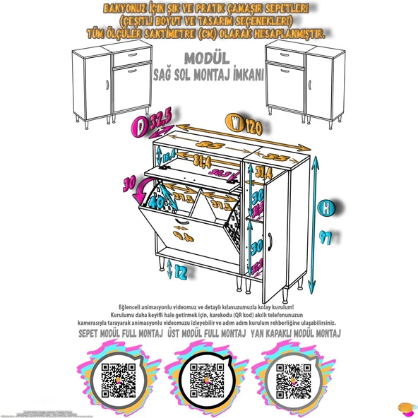 Modilayn YENİCE 120x97x32, 5 cm 3 raflı ve 3 sepetli dolap ile çamaşırlarınız artık daha düzenli - 4
