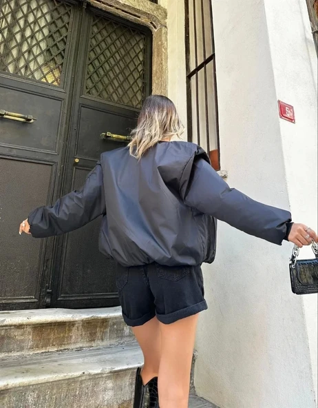 Kadın Düz Bomber Ceket - Siyah - Resim 2